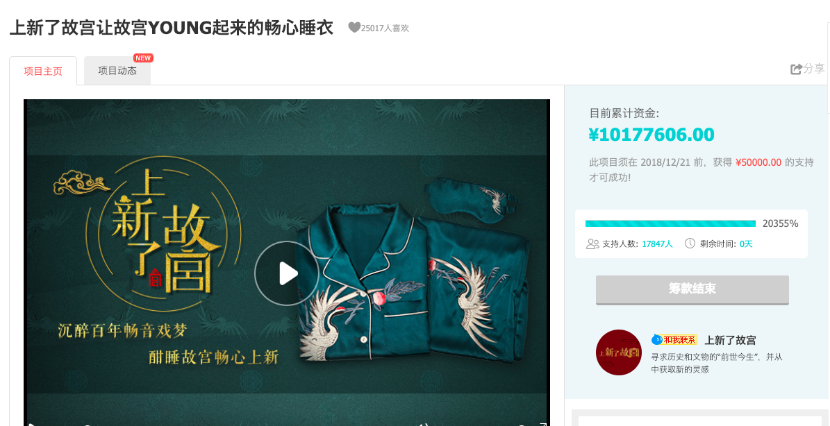 作为《上新了故宫》第二期推出的文创产品,“畅心睡衣“在淘宝众筹发布当天,目标达成率就实现了100%